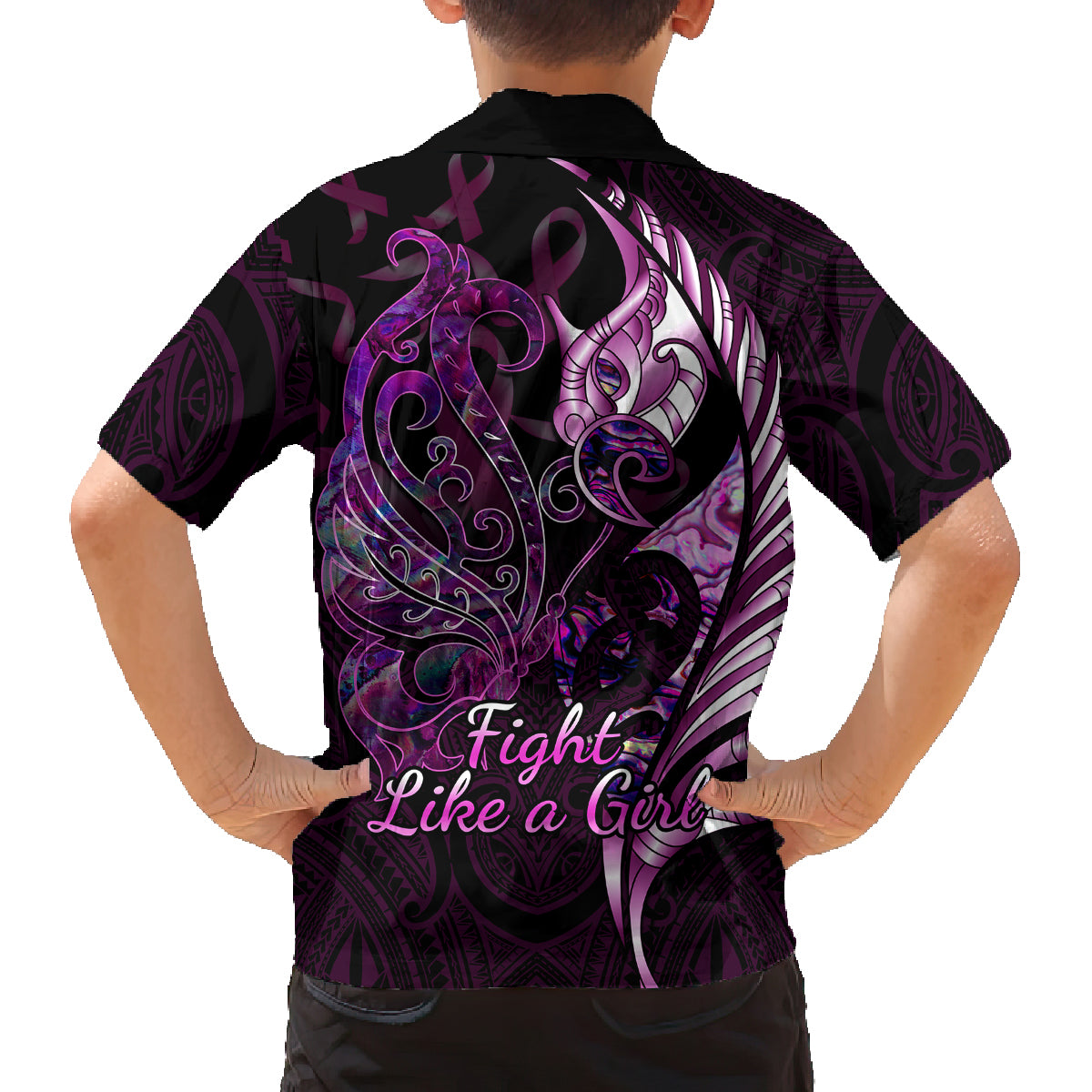 Personalised New Zealand Breast Cancer Kid Hawaiian Shirt Fight Like A Girl Pink Manaia Fern With Paua Shell - Wonder Print Shop
