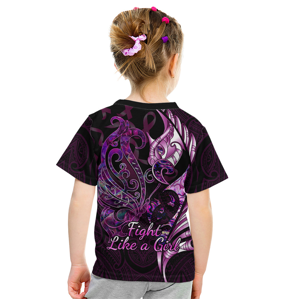 Personalised New Zealand Breast Cancer Kid T Shirt Fight Like A Girl Pink Manaia Fern With Paua Shell - Wonder Print Shop