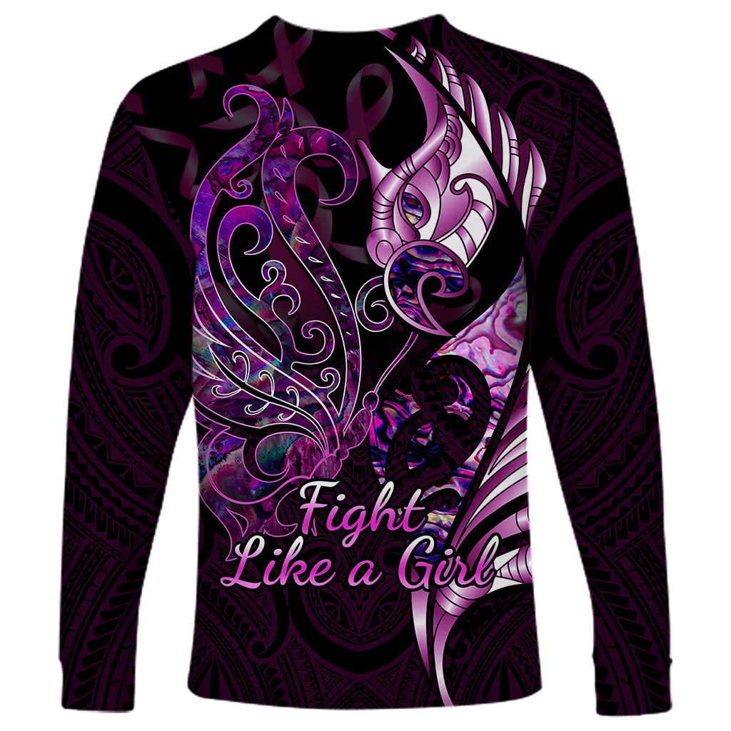 Personalised New Zealand Breast Cancer Long Sleeve Shirt Fight Like A Girl Pink Manaia Fern With Paua Shell - Wonder Print Shop
