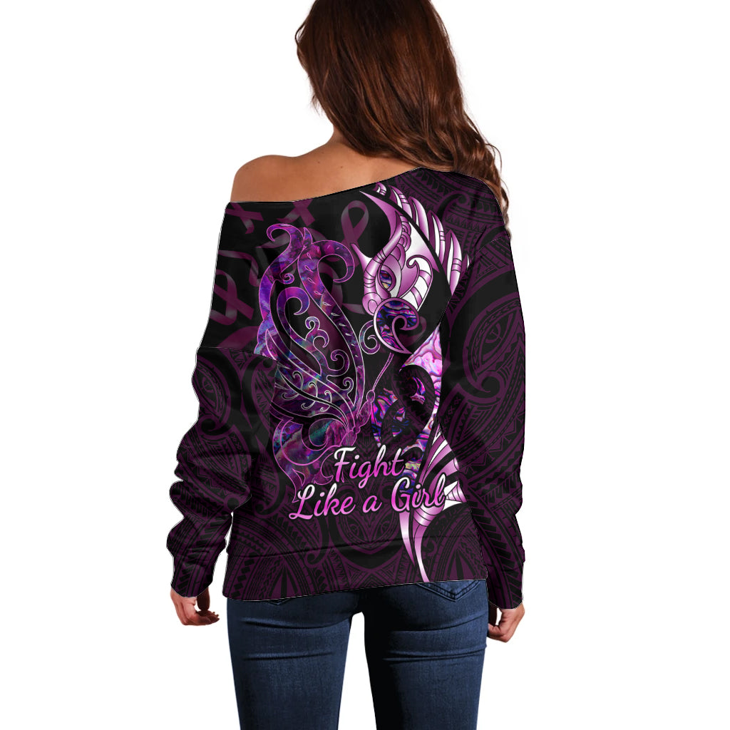 Personalised New Zealand Breast Cancer Off Shoulder Sweater Fight Like A Girl Pink Manaia Fern With Paua Shell - Wonder Print Shop