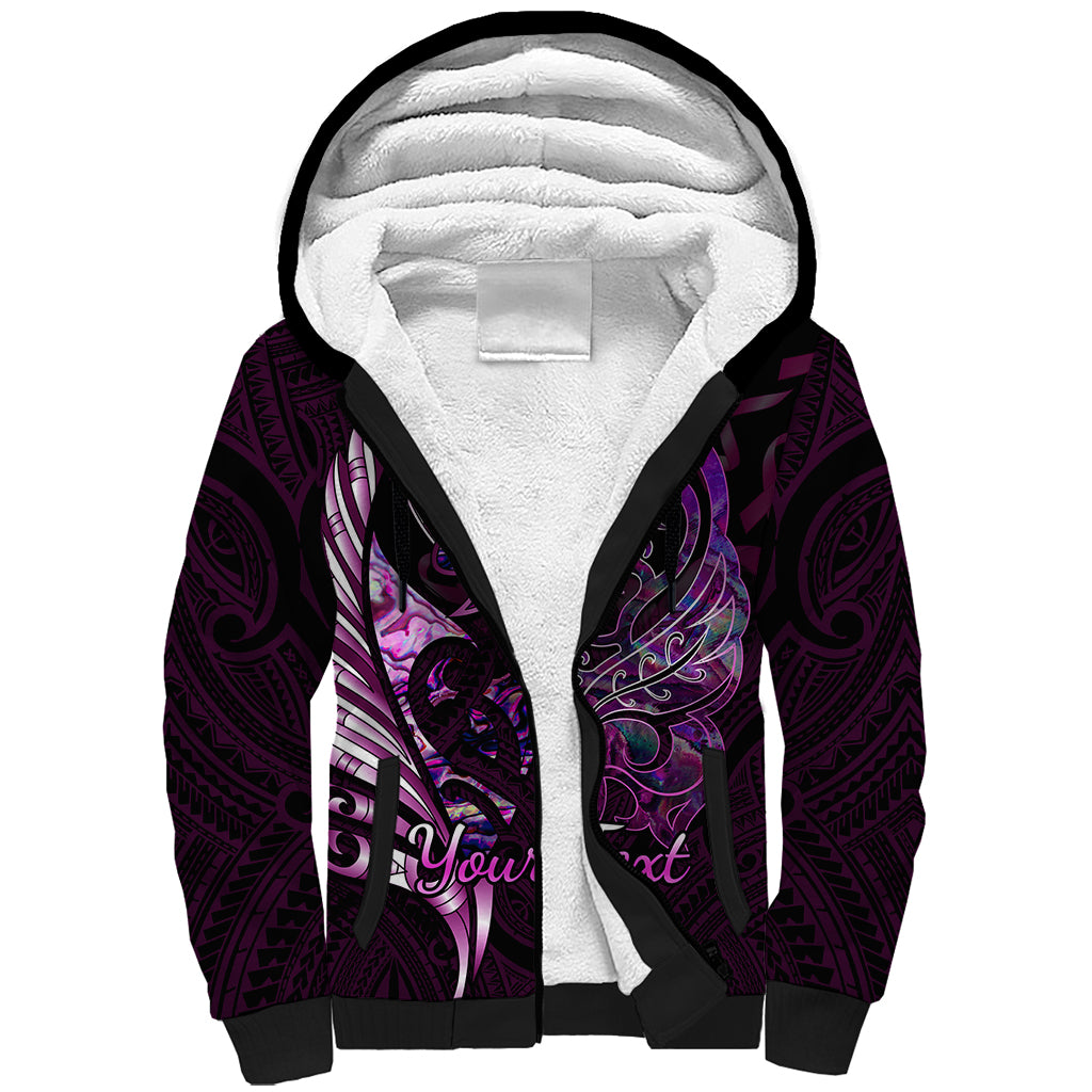 Personalised New Zealand Breast Cancer Sherpa Hoodie Fight Like A Girl Pink Manaia Fern With Paua Shell - Wonder Print Shop
