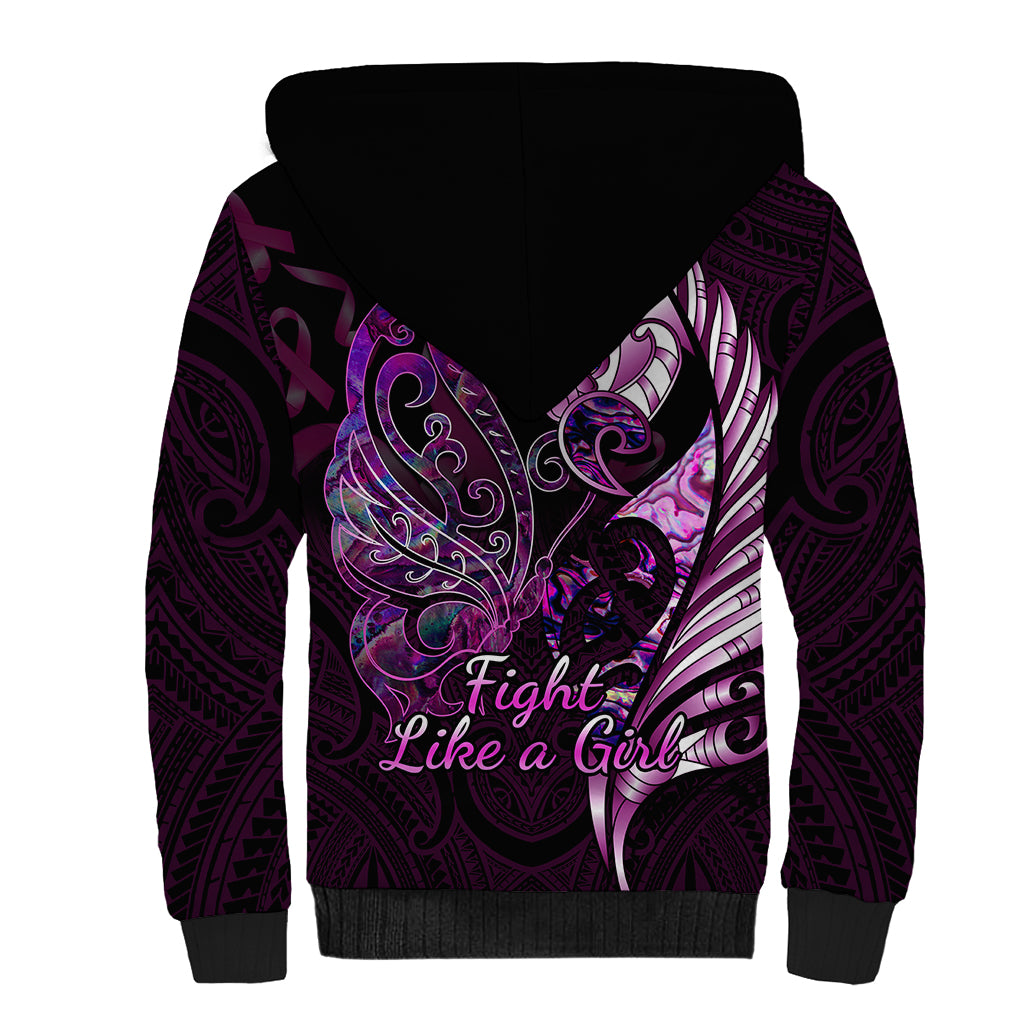 Personalised New Zealand Breast Cancer Sherpa Hoodie Fight Like A Girl Pink Manaia Fern With Paua Shell - Wonder Print Shop