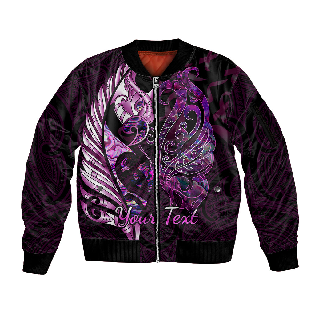 Personalised New Zealand Breast Cancer Sleeve Zip Bomber Jacket Fight Like A Girl Pink Manaia Fern With Paua Shell - Wonder Print Shop
