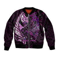 Personalised New Zealand Breast Cancer Sleeve Zip Bomber Jacket Fight Like A Girl Pink Manaia Fern With Paua Shell - Wonder Print Shop