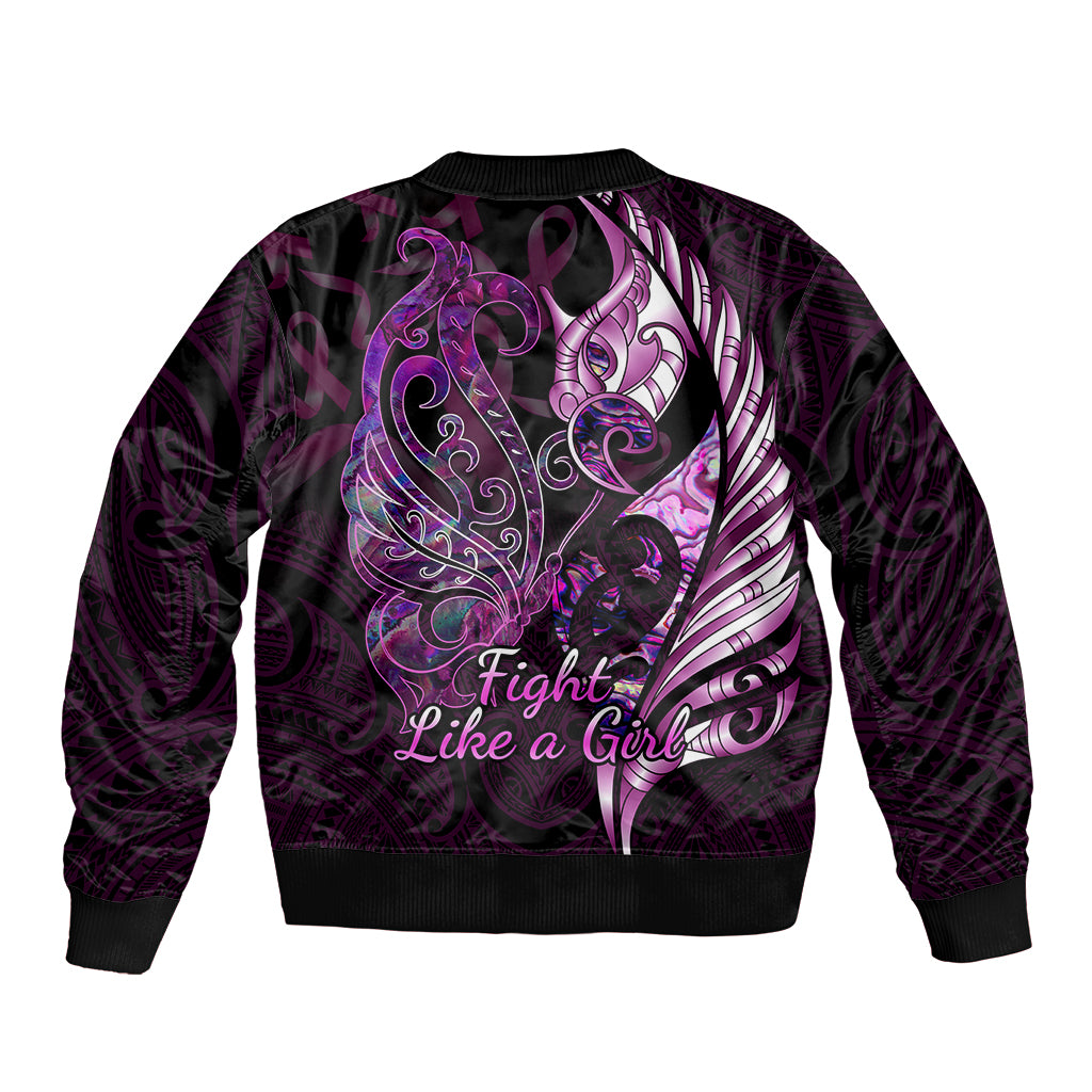 Personalised New Zealand Breast Cancer Sleeve Zip Bomber Jacket Fight Like A Girl Pink Manaia Fern With Paua Shell - Wonder Print Shop