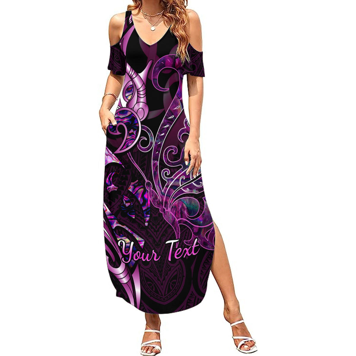 Personalised New Zealand Breast Cancer Summer Maxi Dress Fight Like A Girl Pink Manaia Fern With Paua Shell - Wonder Print Shop