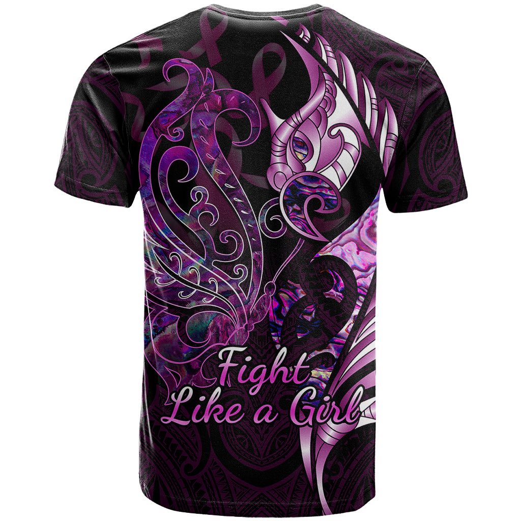 Personalised New Zealand Breast Cancer T Shirt Fight Like A Girl Pink Manaia Fern With Paua Shell - Wonder Print Shop