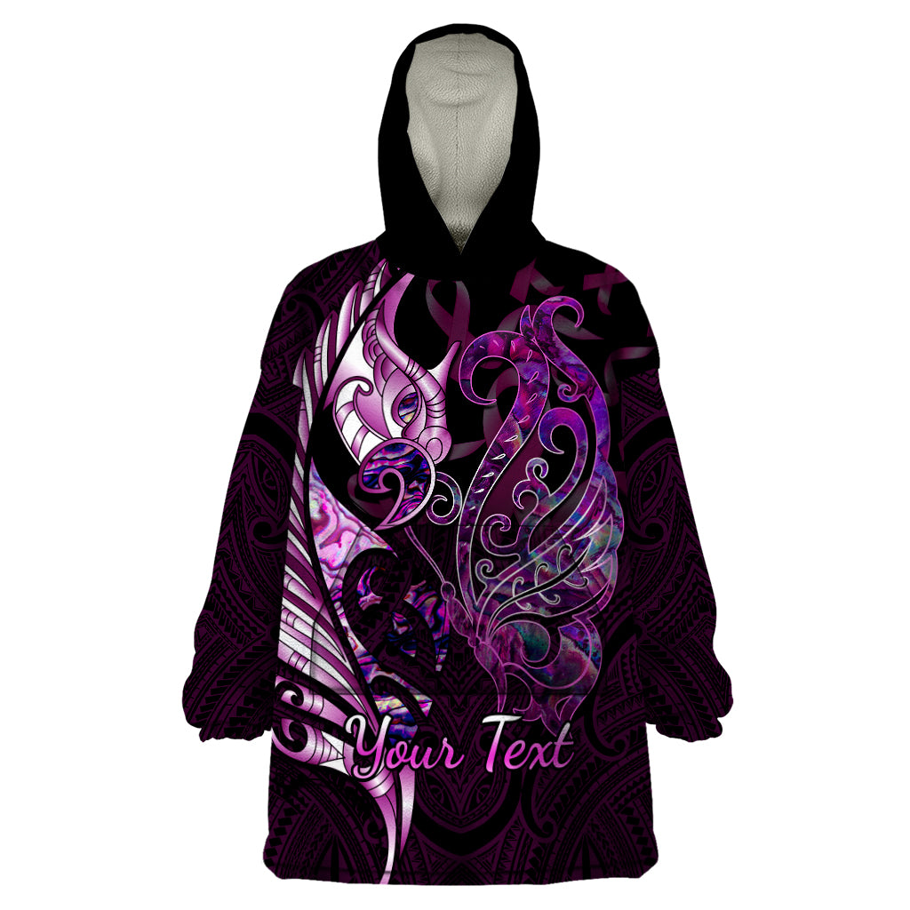 Personalised New Zealand Breast Cancer Wearable Blanket Hoodie Fight Like A Girl Pink Manaia Fern With Paua Shell - Wonder Print Shop