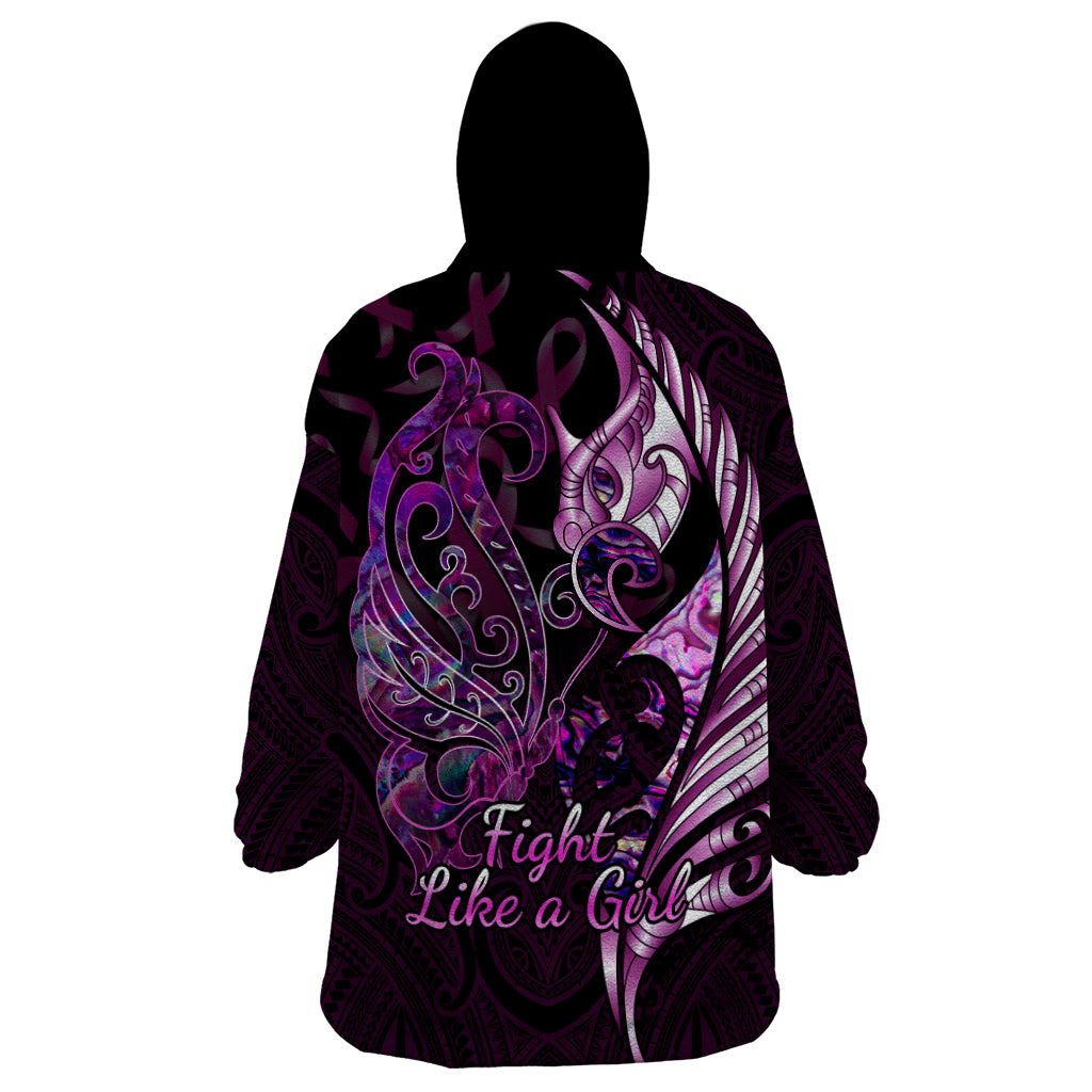 Personalised New Zealand Breast Cancer Wearable Blanket Hoodie Fight Like A Girl Pink Manaia Fern With Paua Shell - Wonder Print Shop