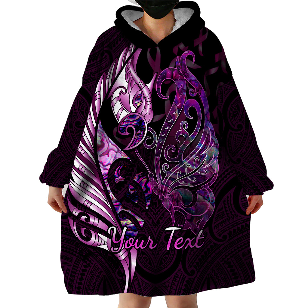 Personalised New Zealand Breast Cancer Wearable Blanket Hoodie Fight Like A Girl Pink Manaia Fern With Paua Shell - Wonder Print Shop