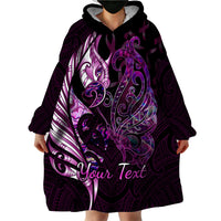 Personalised New Zealand Breast Cancer Wearable Blanket Hoodie Fight Like A Girl Pink Manaia Fern With Paua Shell - Wonder Print Shop