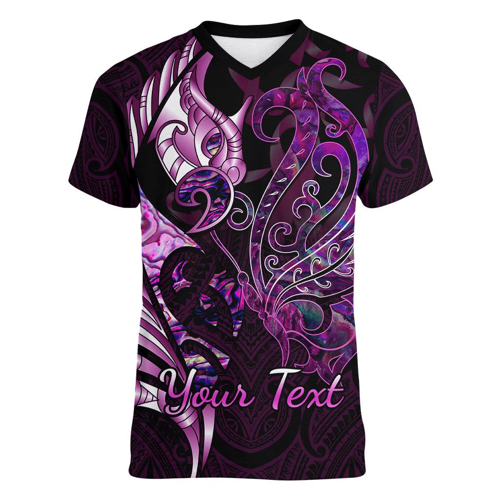 Personalised New Zealand Breast Cancer Women V Neck T Shirt Fight Like A Girl Pink Manaia Fern With Paua Shell - Wonder Print Shop