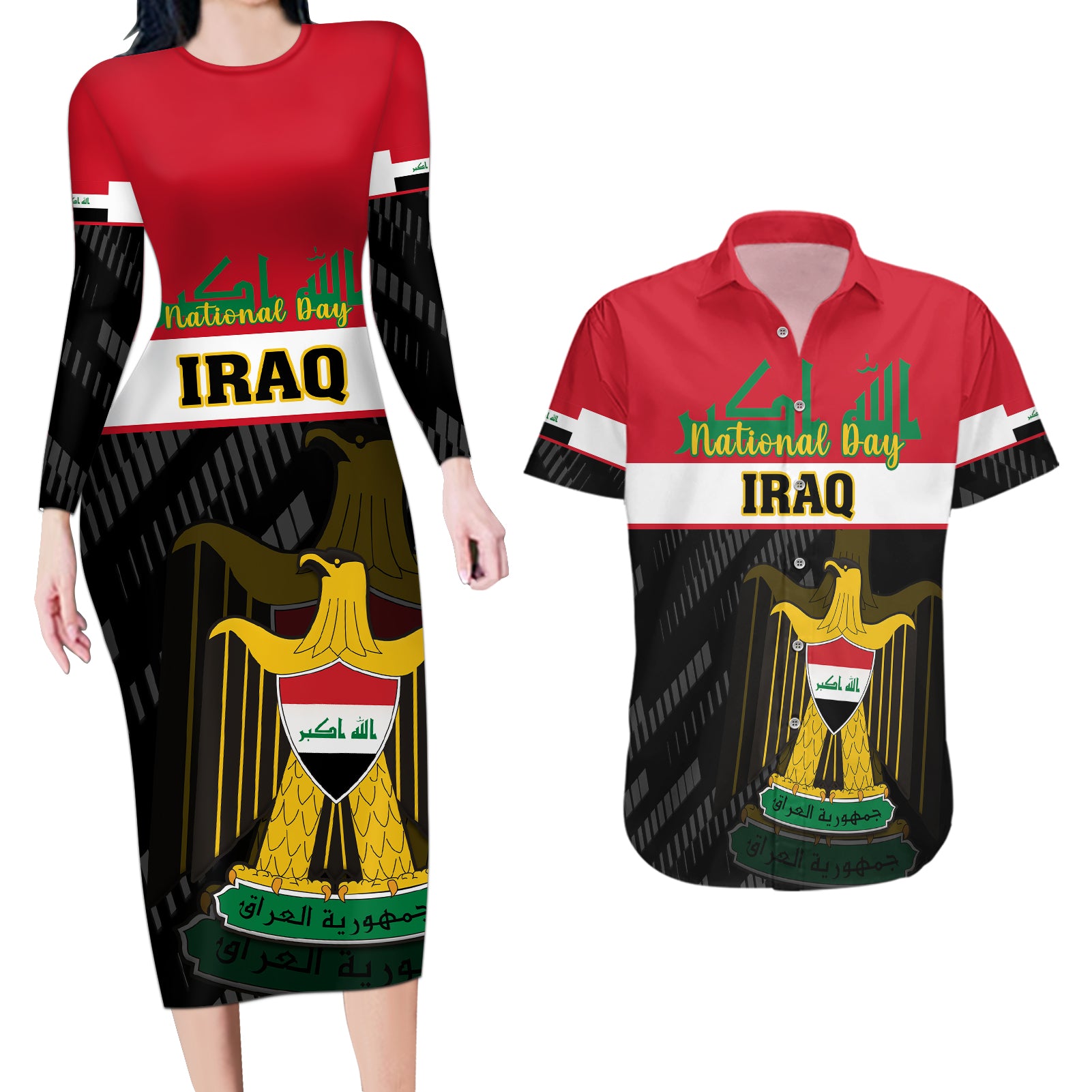 iraq-national-day-couples-matching-long-sleeve-bodycon-dress-and-hawaiian-shirt-iraqi-coat-of-arms-with-flag-style