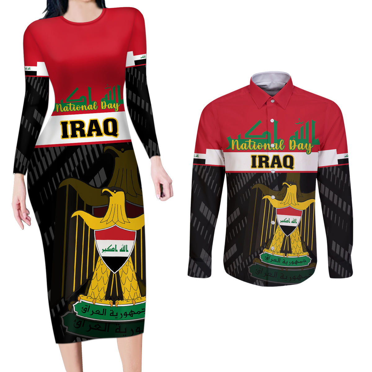 Iraq National Day Couples Matching Long Sleeve Bodycon Dress and Long Sleeve Button Shirts Iraqi Coat Of Arms With Flag Style - Wonder Print Shop
