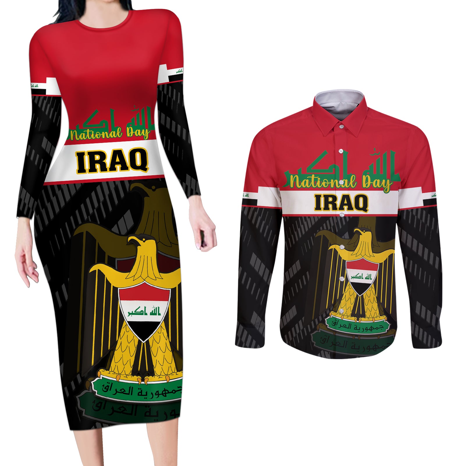 iraq-national-day-couples-matching-long-sleeve-bodycon-dress-and-long-sleeve-button-shirts-iraqi-coat-of-arms-with-flag-style