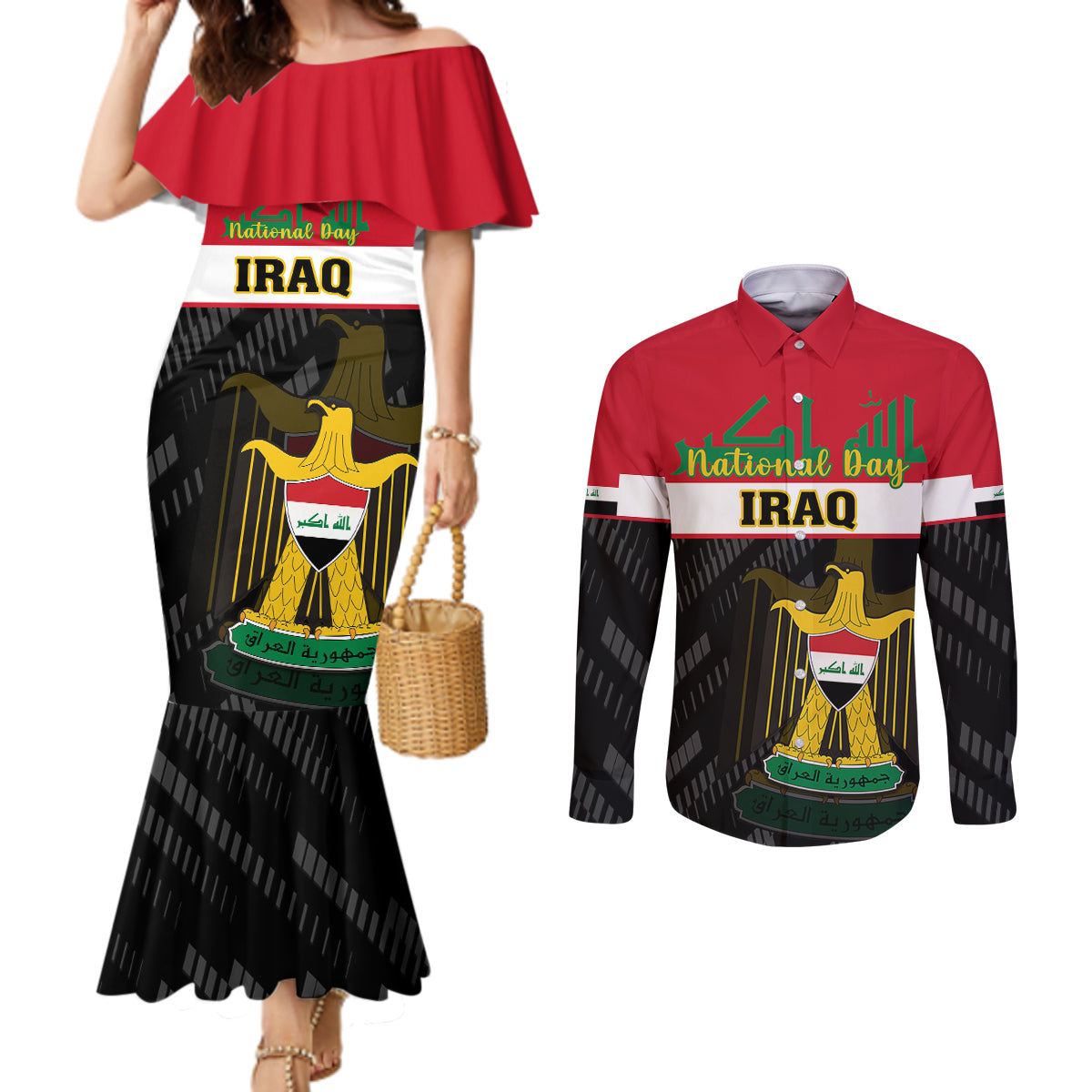 iraq-national-day-couples-matching-mermaid-dress-and-long-sleeve-button-shirts-iraqi-coat-of-arms-with-flag-style