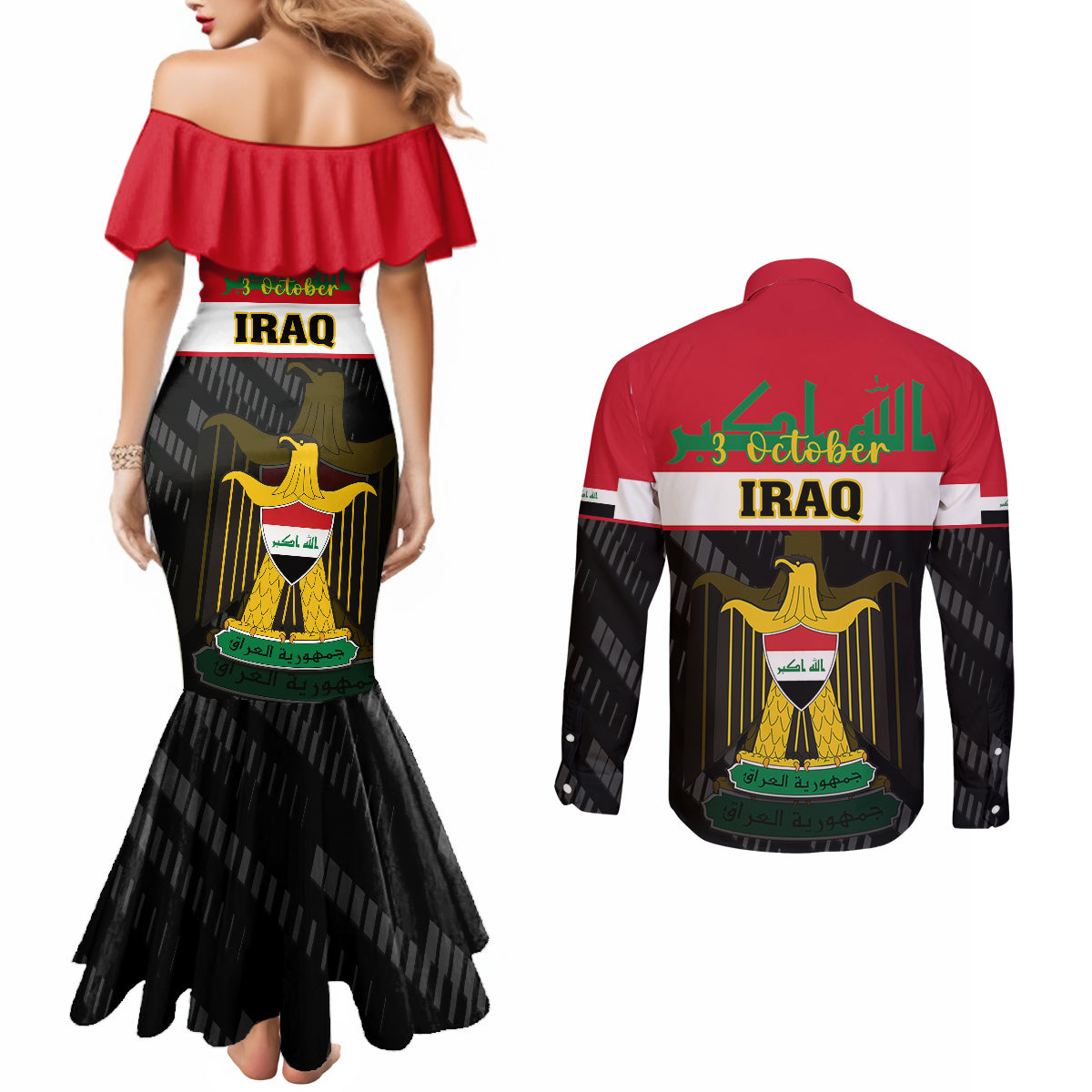 iraq-national-day-couples-matching-mermaid-dress-and-long-sleeve-button-shirts-iraqi-coat-of-arms-with-flag-style