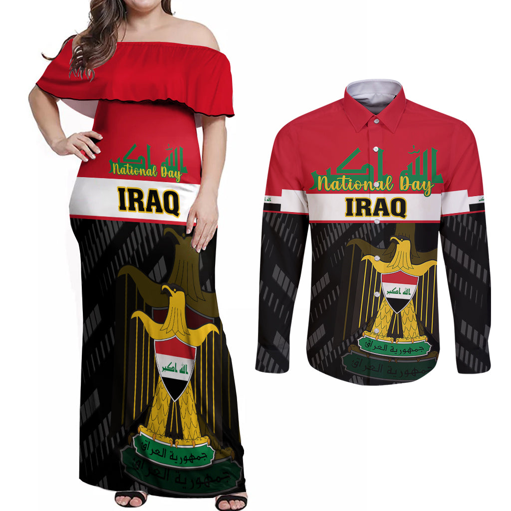 iraq-national-day-couples-matching-off-shoulder-maxi-dress-and-long-sleeve-button-shirts-iraqi-coat-of-arms-with-flag-style