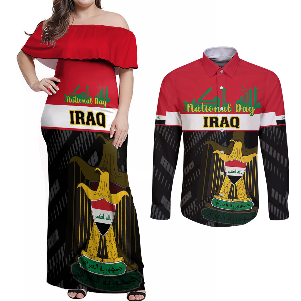 Iraq National Day Couples Matching Off Shoulder Maxi Dress and Long Sleeve Button Shirts Iraqi Coat Of Arms With Flag Style - Wonder Print Shop