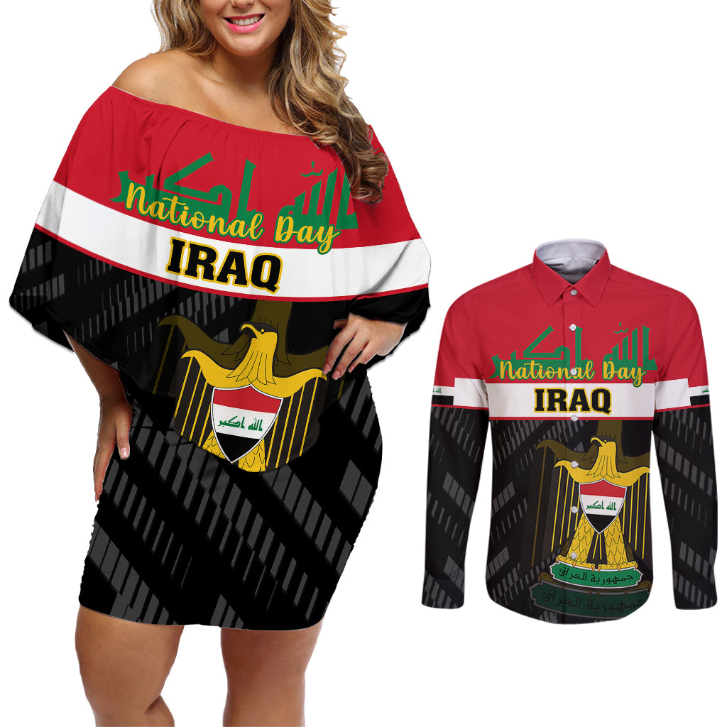 iraq-national-day-couples-matching-off-shoulder-short-dress-and-long-sleeve-button-shirts-iraqi-coat-of-arms-with-flag-style