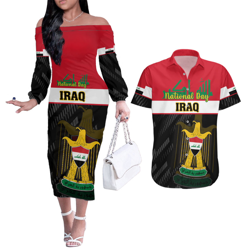 iraq-national-day-couples-matching-off-the-shoulder-long-sleeve-dress-and-hawaiian-shirt-iraqi-coat-of-arms-with-flag-style