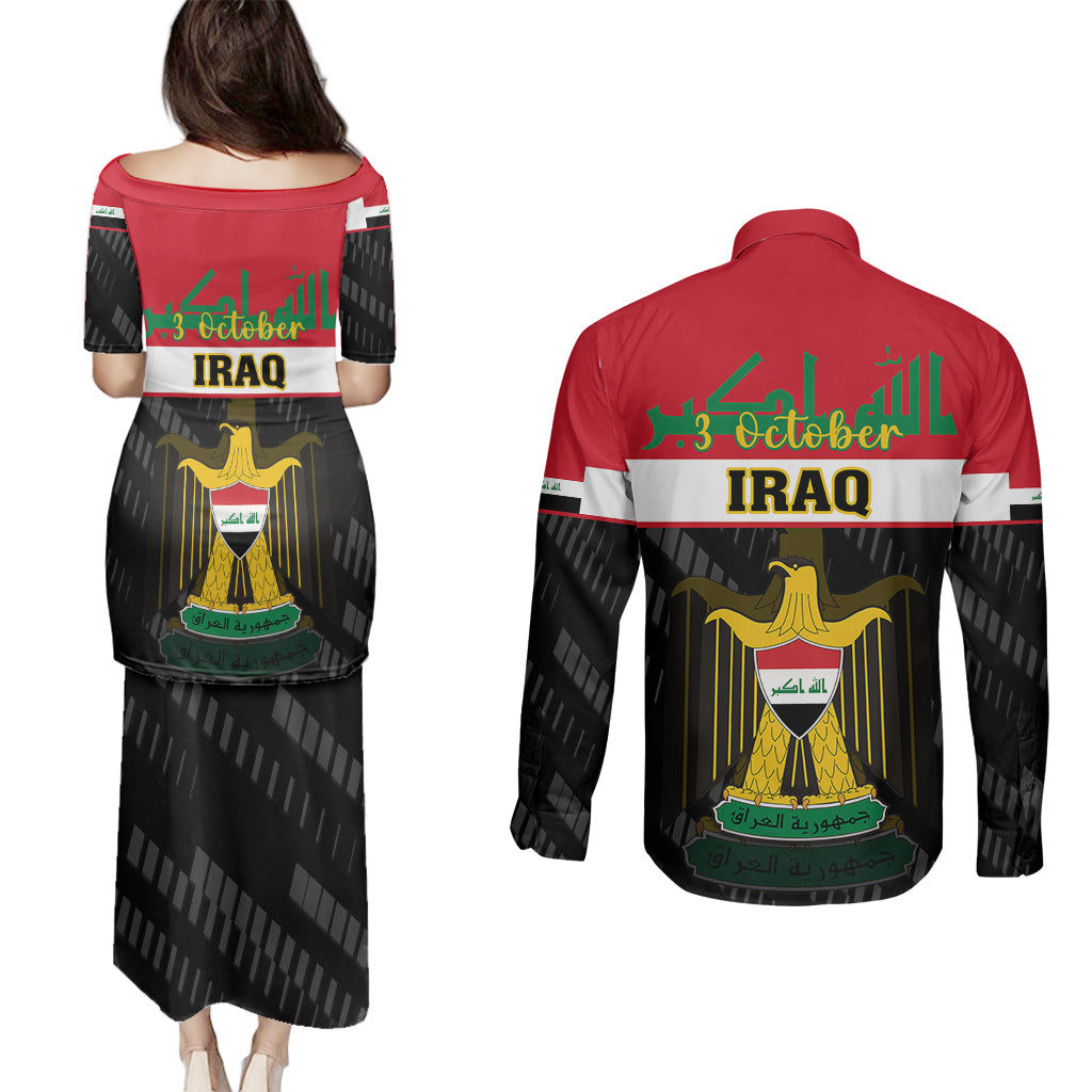 Iraq National Day Couples Matching Puletasi Dress and Long Sleeve Button Shirts Iraqi Coat Of Arms With Flag Style - Wonder Print Shop