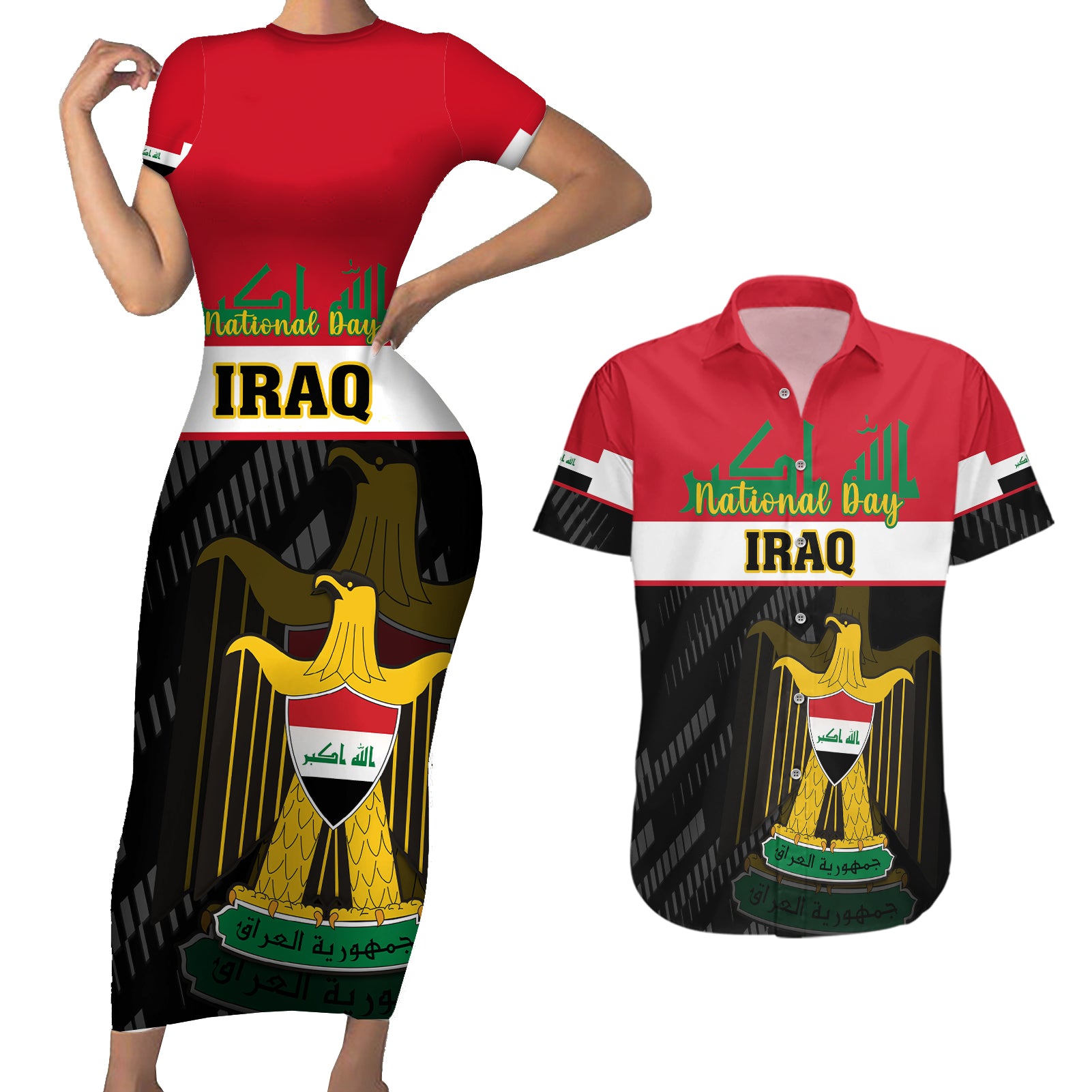 iraq-national-day-couples-matching-short-sleeve-bodycon-dress-and-hawaiian-shirt-iraqi-coat-of-arms-with-flag-style