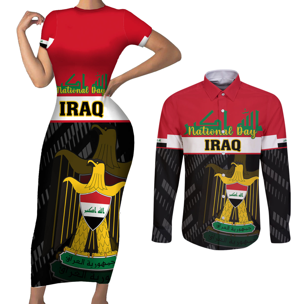 Iraq National Day Couples Matching Short Sleeve Bodycon Dress and Long Sleeve Button Shirts Iraqi Coat Of Arms With Flag Style - Wonder Print Shop
