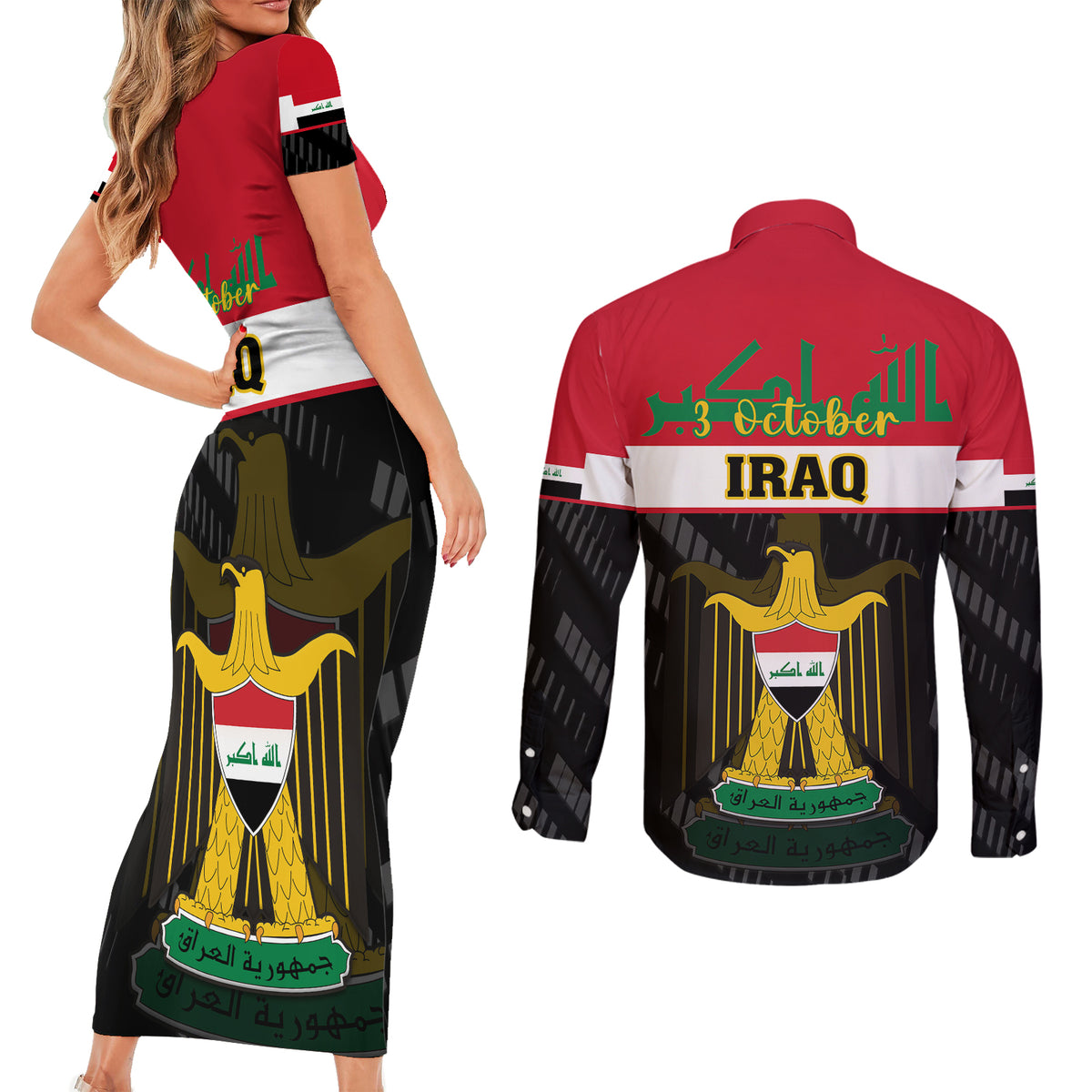 Iraq National Day Couples Matching Short Sleeve Bodycon Dress and Long Sleeve Button Shirts Iraqi Coat Of Arms With Flag Style - Wonder Print Shop