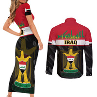 Iraq National Day Couples Matching Short Sleeve Bodycon Dress and Long Sleeve Button Shirts Iraqi Coat Of Arms With Flag Style - Wonder Print Shop