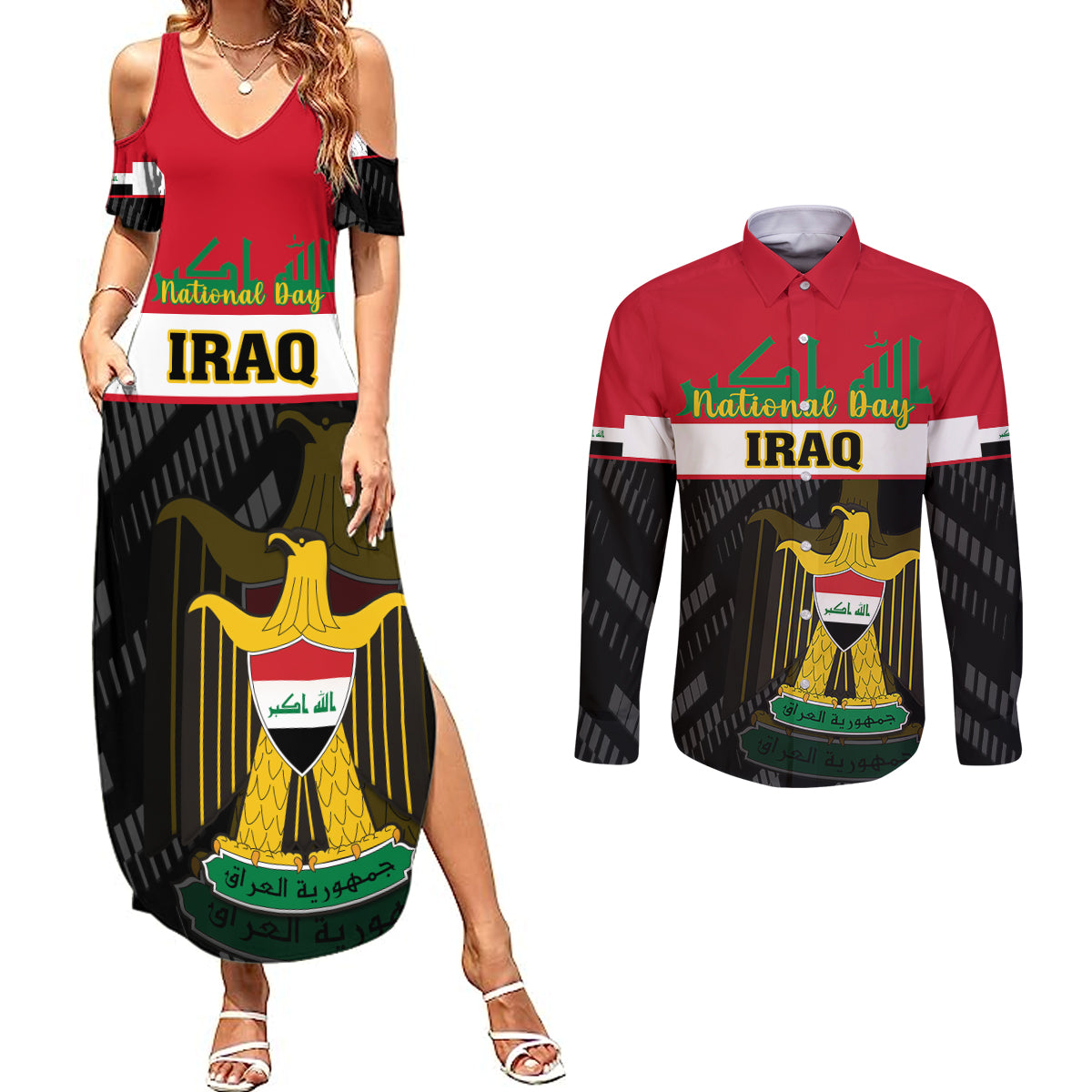 iraq-national-day-couples-matching-summer-maxi-dress-and-long-sleeve-button-shirts-iraqi-coat-of-arms-with-flag-style