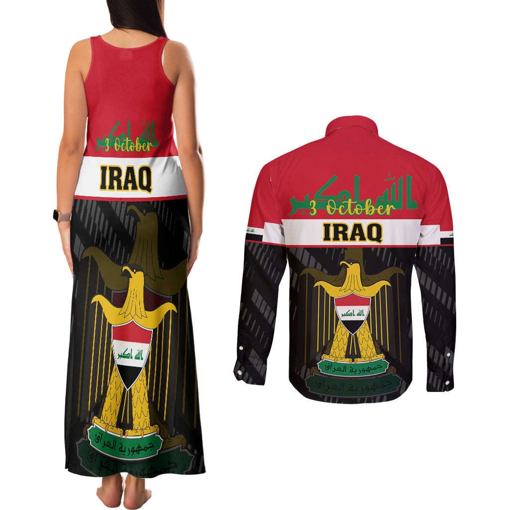 Iraq National Day Couples Matching Tank Maxi Dress and Long Sleeve Button Shirts Iraqi Coat Of Arms With Flag Style - Wonder Print Shop