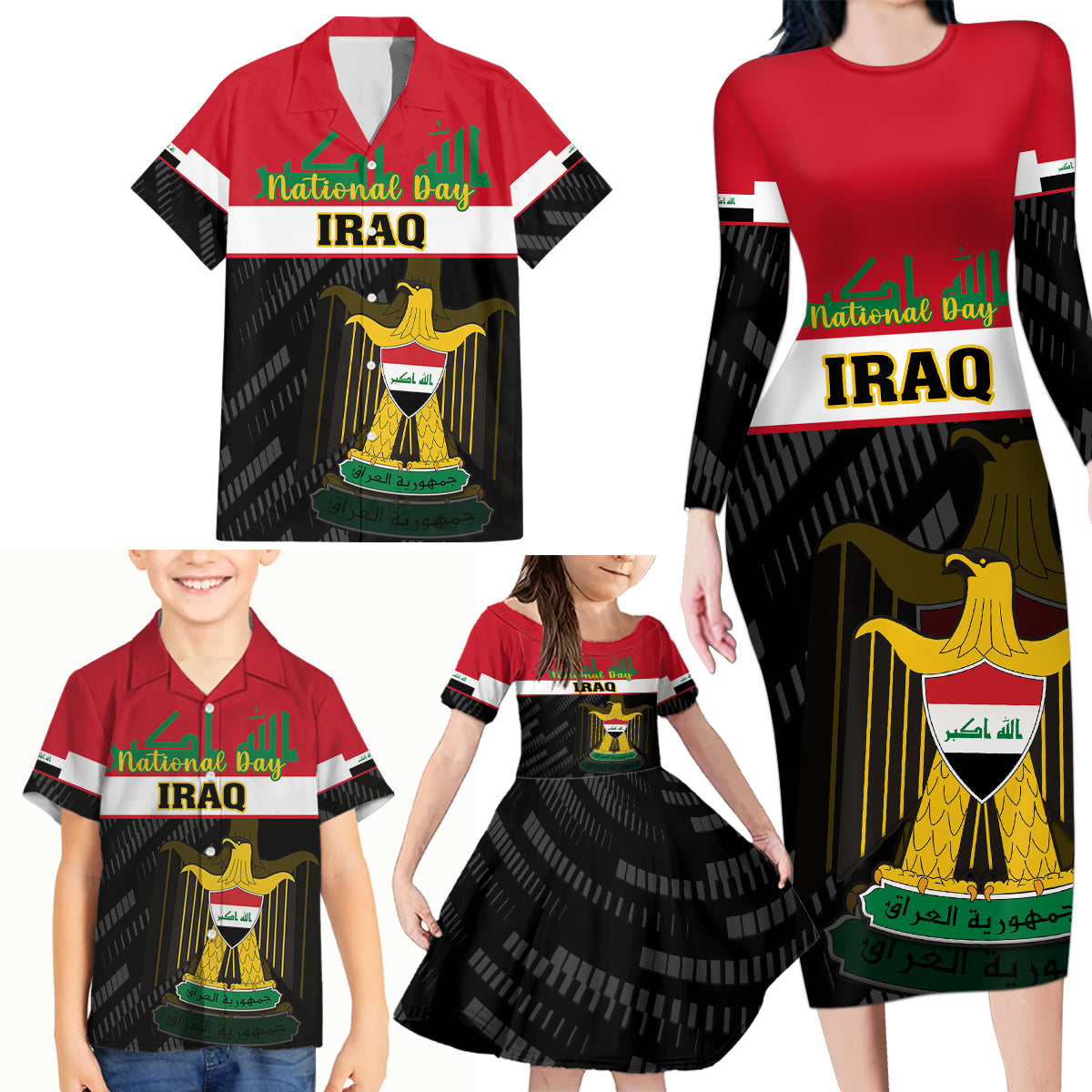 iraq-national-day-family-matching-long-sleeve-bodycon-dress-and-hawaiian-shirt-iraqi-coat-of-arms-with-flag-style