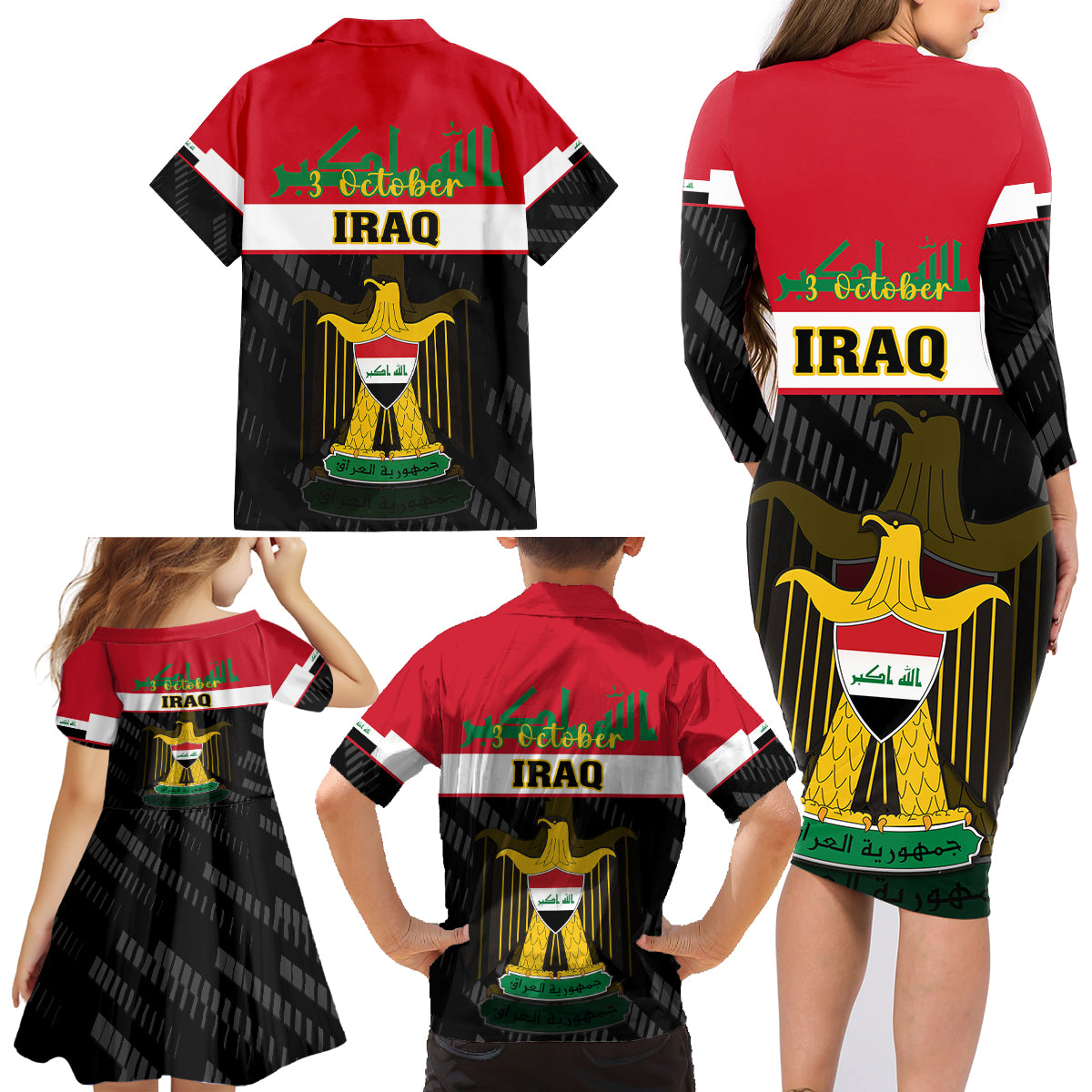 Iraq National Day Family Matching Long Sleeve Bodycon Dress and Hawaiian Shirt Iraqi Coat Of Arms With Flag Style - Wonder Print Shop