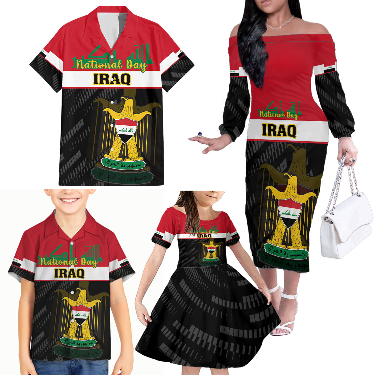 iraq-national-day-family-matching-off-shoulder-long-sleeve-dress-and-hawaiian-shirt-iraqi-coat-of-arms-with-flag-style