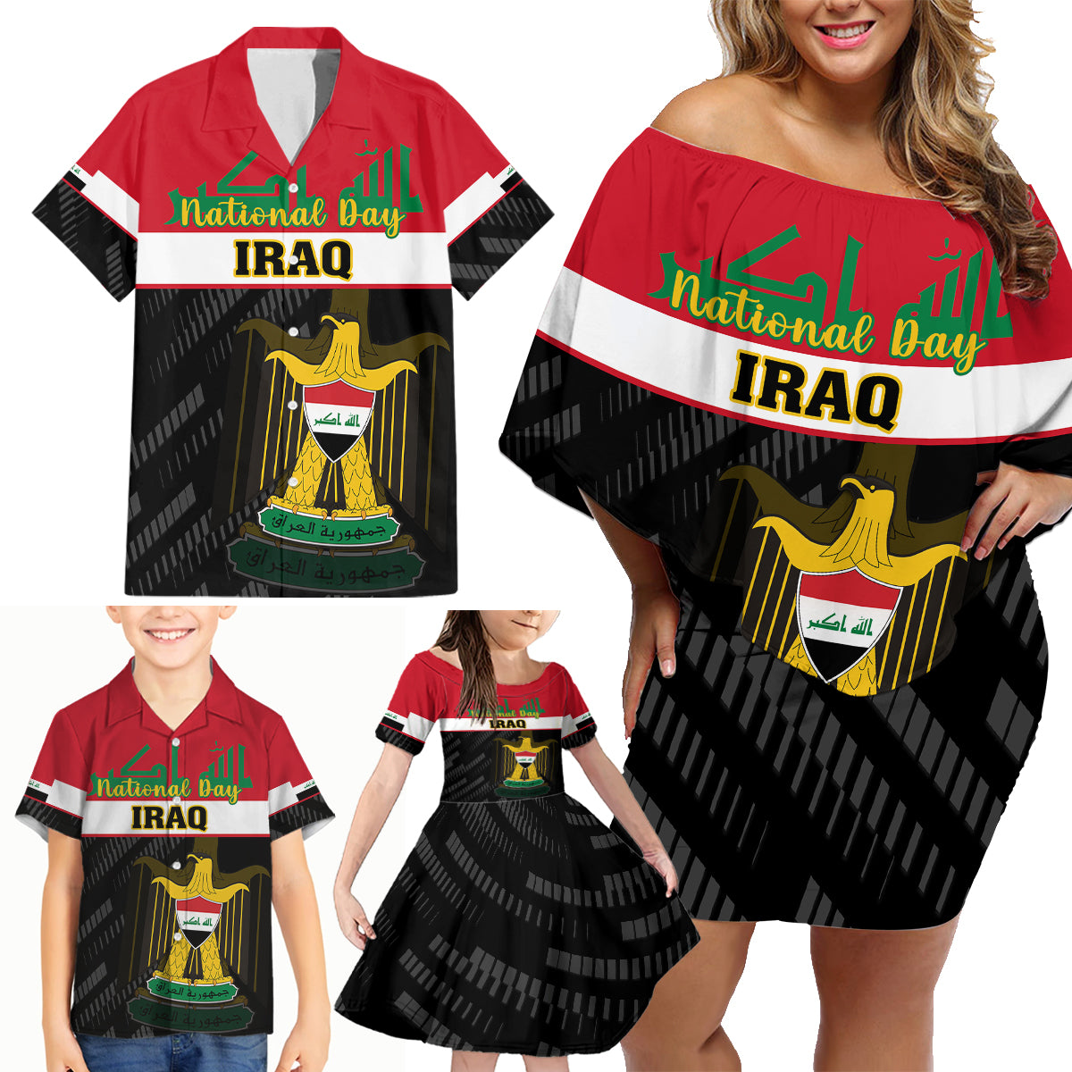 iraq-national-day-family-matching-off-shoulder-short-dress-and-hawaiian-shirt-iraqi-coat-of-arms-with-flag-style