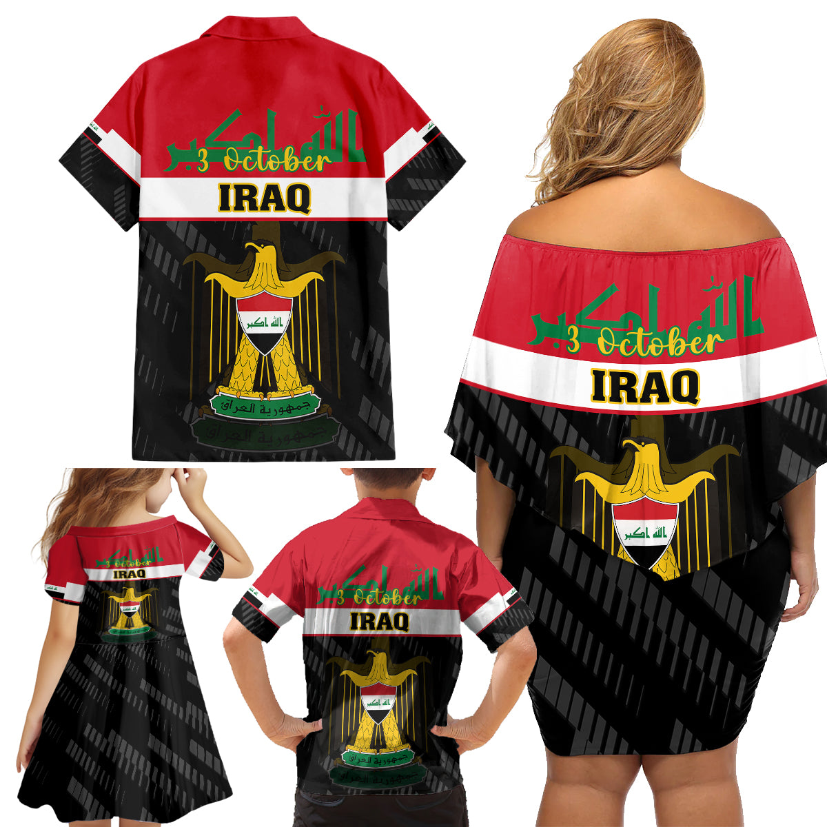 Iraq National Day Family Matching Off Shoulder Short Dress and Hawaiian Shirt Iraqi Coat Of Arms With Flag Style - Wonder Print Shop