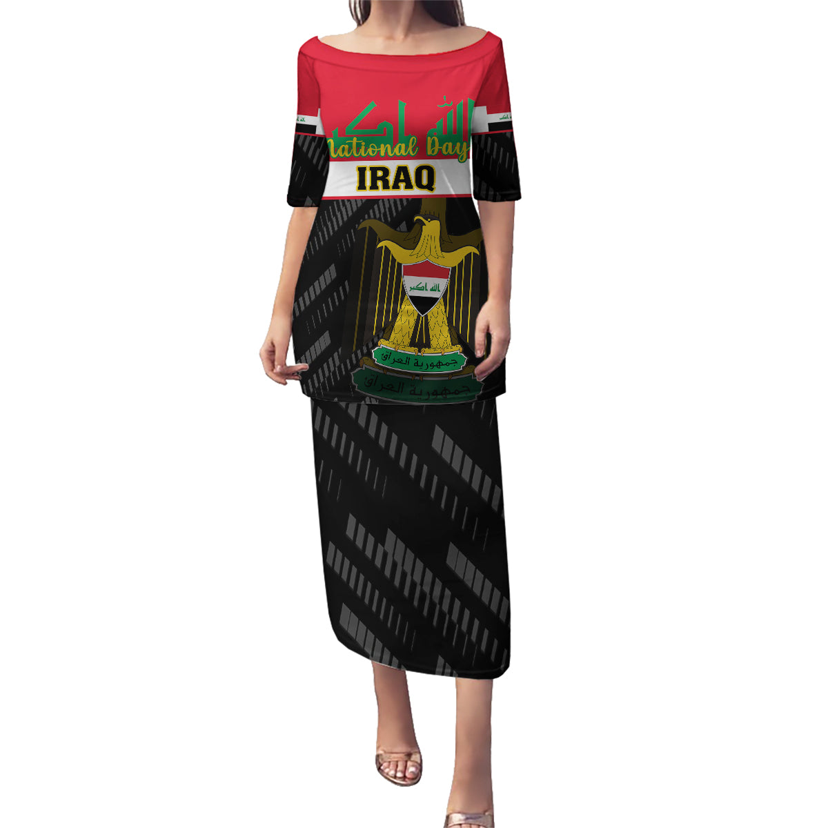 Iraq National Day Family Matching Puletasi Dress and Hawaiian Shirt Iraqi Coat Of Arms With Flag Style - Wonder Print Shop