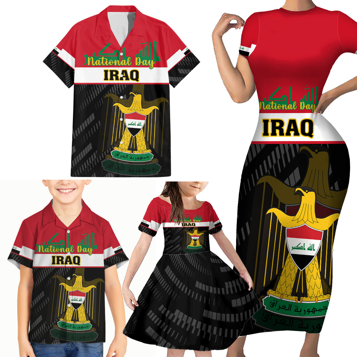 Iraq National Day Family Matching Short Sleeve Bodycon Dress and Hawaiian Shirt Iraqi Coat Of Arms With Flag Style - Wonder Print Shop