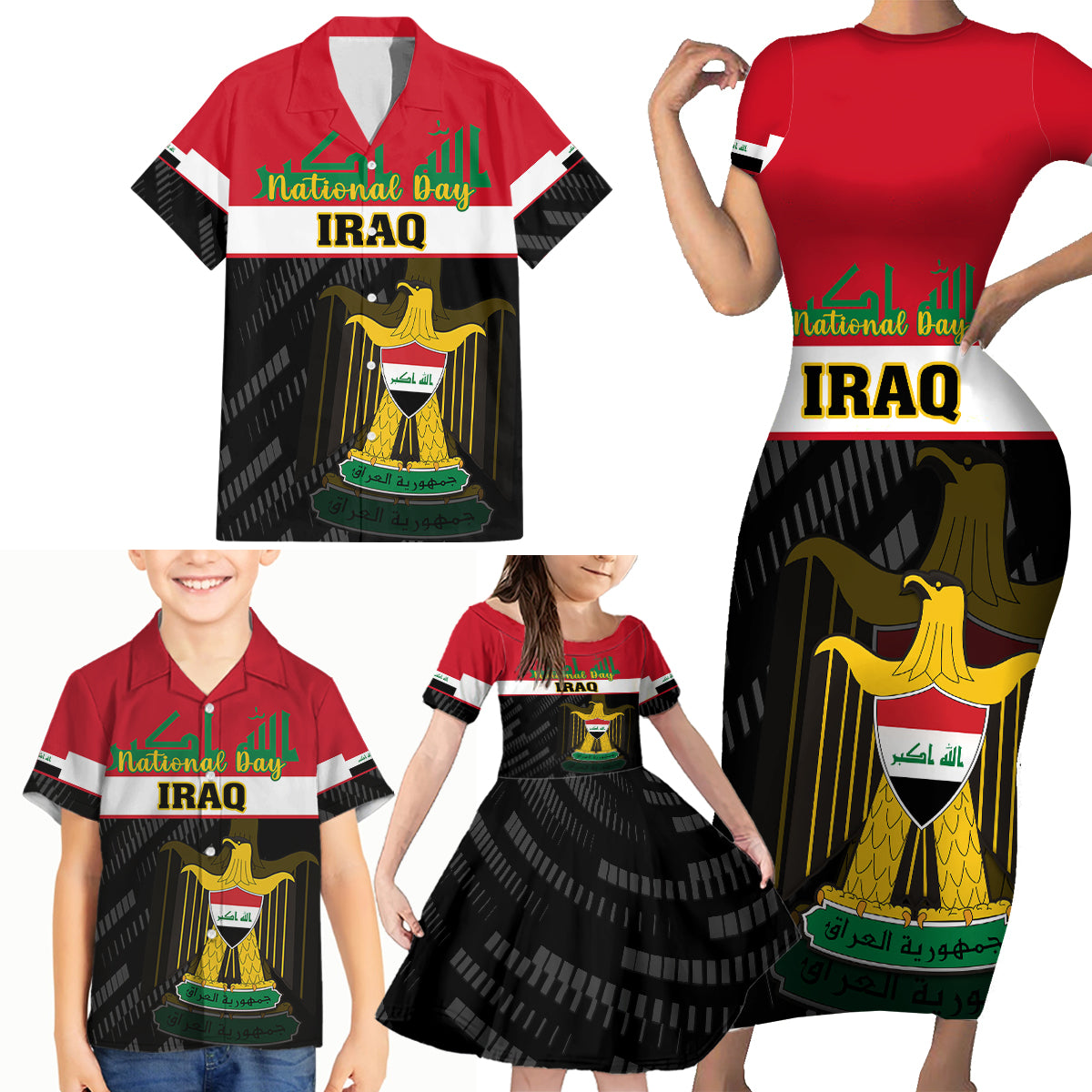 iraq-national-day-family-matching-short-sleeve-bodycon-dress-and-hawaiian-shirt-iraqi-coat-of-arms-with-flag-style