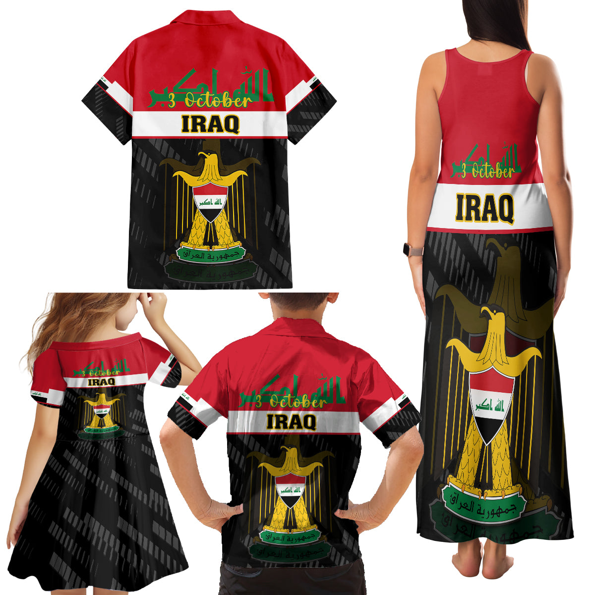 Iraq National Day Family Matching Tank Maxi Dress and Hawaiian Shirt Iraqi Coat Of Arms With Flag Style - Wonder Print Shop