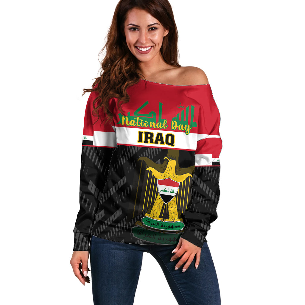 Iraq National Day Off Shoulder Sweater Iraqi Coat Of Arms With Flag Style - Wonder Print Shop