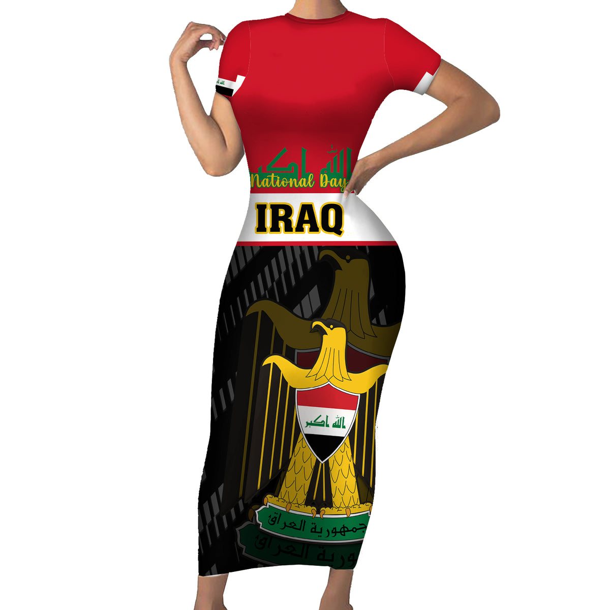 Iraq National Day Short Sleeve Bodycon Dress Iraqi Coat Of Arms With Flag Style - Wonder Print Shop