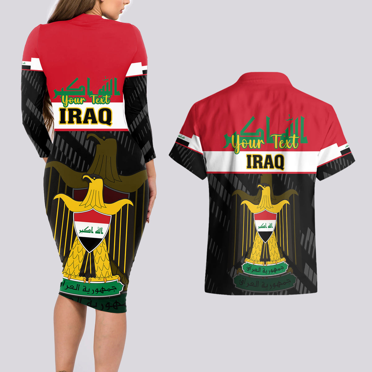 Personalised Iraq National Day Couples Matching Long Sleeve Bodycon Dress and Hawaiian Shirt Iraqi Coat Of Arms With Flag Style - Wonder Print Shop