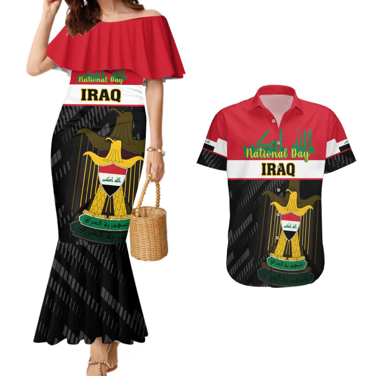 Personalised Iraq National Day Couples Matching Mermaid Dress and Hawaiian Shirt Iraqi Coat Of Arms With Flag Style - Wonder Print Shop