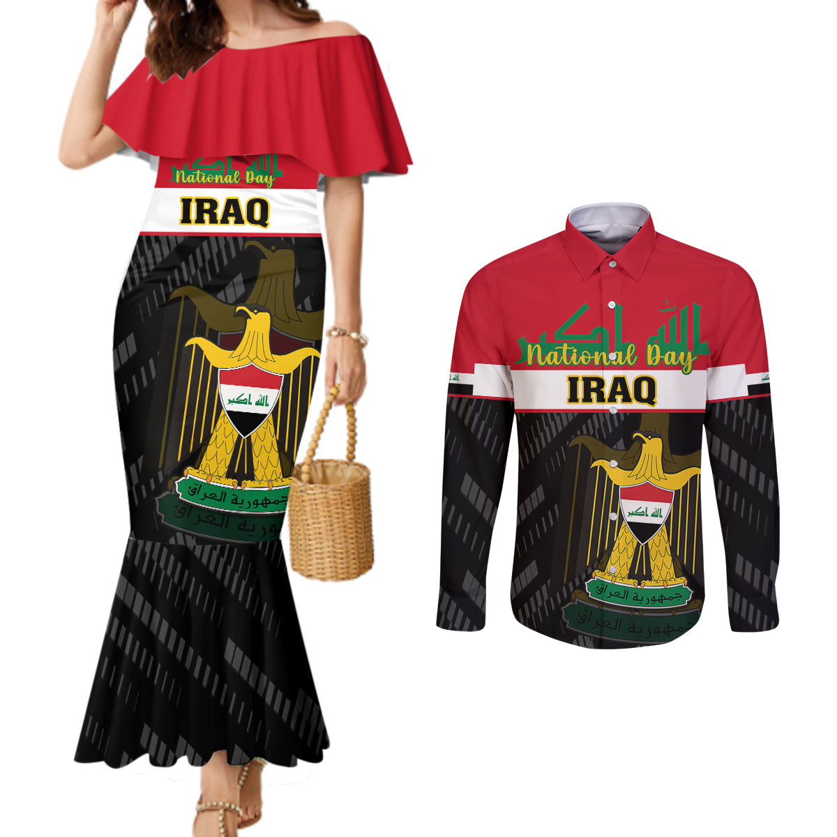 personalised-iraq-national-day-couples-matching-mermaid-dress-and-long-sleeve-button-shirts-iraqi-coat-of-arms-with-flag-style