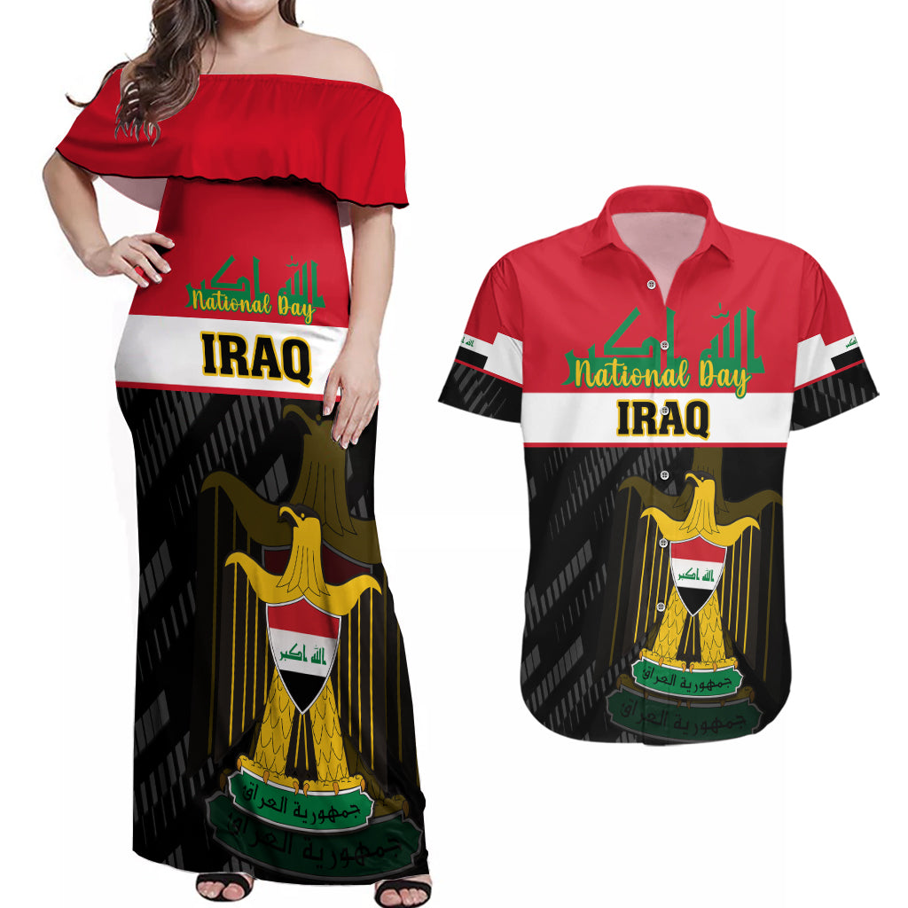 Personalised Iraq National Day Couples Matching Off Shoulder Maxi Dress and Hawaiian Shirt Iraqi Coat Of Arms With Flag Style - Wonder Print Shop