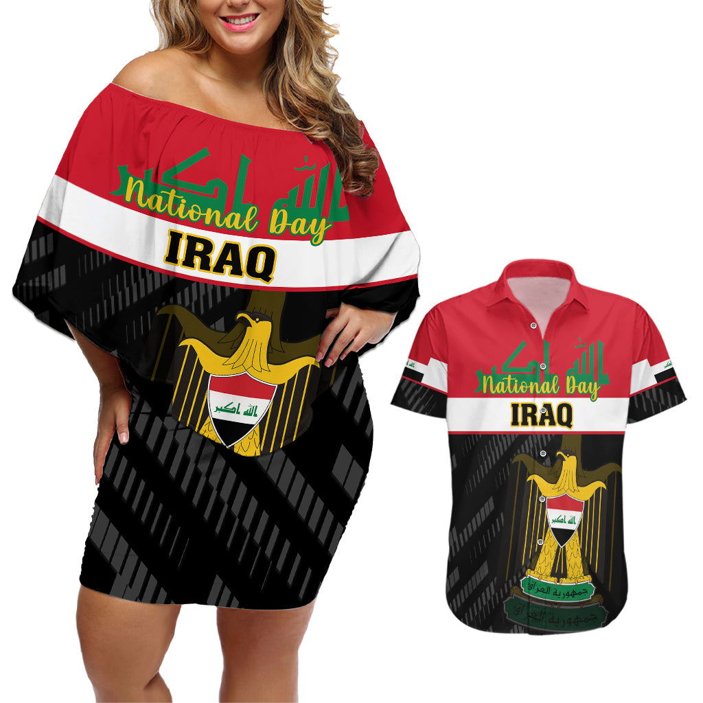 Personalised Iraq National Day Couples Matching Off Shoulder Short Dress and Hawaiian Shirt Iraqi Coat Of Arms With Flag Style - Wonder Print Shop