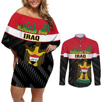Personalised Iraq National Day Couples Matching Off Shoulder Short Dress and Long Sleeve Button Shirts Iraqi Coat Of Arms With Flag Style - Wonder Print Shop