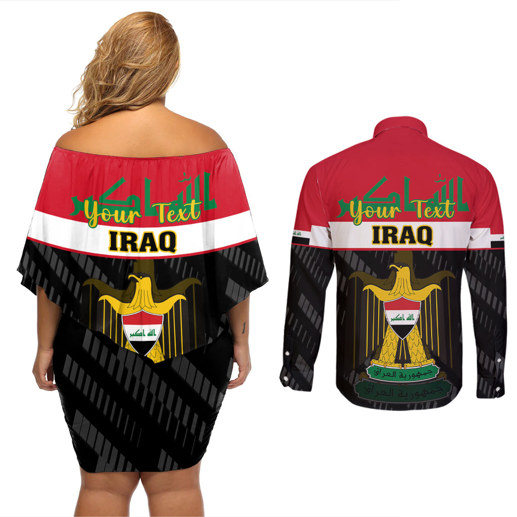 Personalised Iraq National Day Couples Matching Off Shoulder Short Dress and Long Sleeve Button Shirts Iraqi Coat Of Arms With Flag Style - Wonder Print Shop